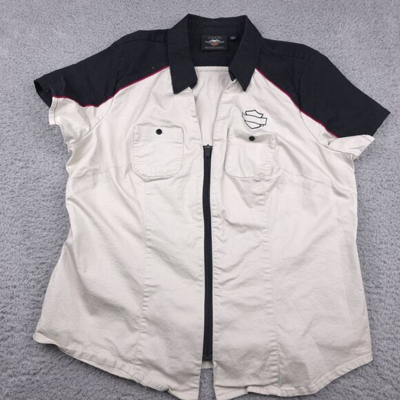 Harley-Davidson Tops - Harley-Davidson Womans Zip Shirt Size 1W Off White Black Red Colorblock Biker